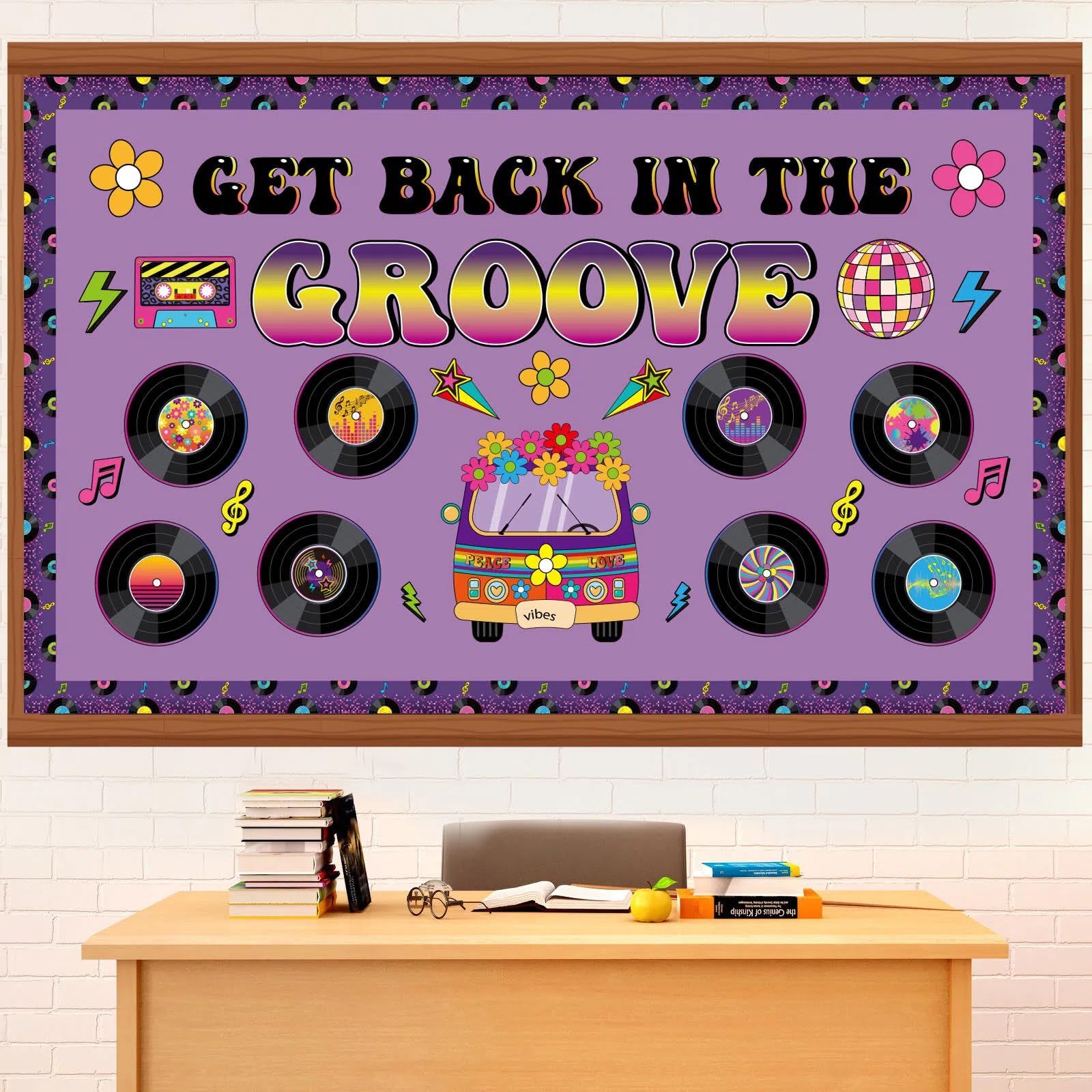 Pajean Groovy Music Bulletin Board Set Retro Record Classroom Decorations 80s 90s Disco Record Flower School Bus Cutouts with Purple Borders for Door