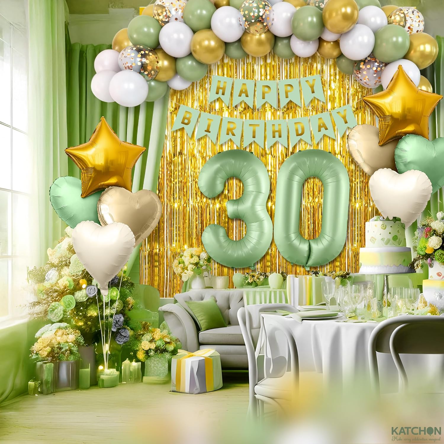 KatchOn | Sage Green 30th Birthday Decorations Set – Pack of 49 | Sage Green 30 Balloon Numbers, Star, Heart, Confetti Balloons, Gold Fringe Backdrop | 30th Birthday Decorations for Women, Men