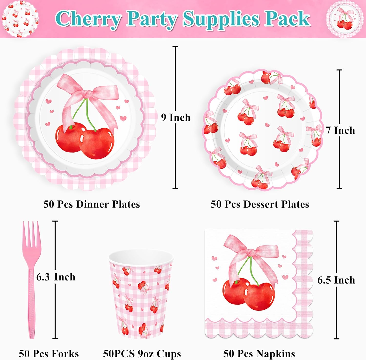 250 PCS Cherry Party Supplies, Service for 50, Cherry Birthday Party Decorations Decor Tableware Set Includes Plates, Napkins, Cups and Forks for Baby Shower Birthday - Image 2