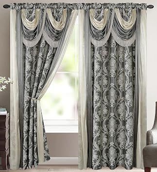 V Bella Luxury Jacquard Curtain Panel with Attached Waterfall Valance & Scarf 54 by 84-Inch 2pk Grey