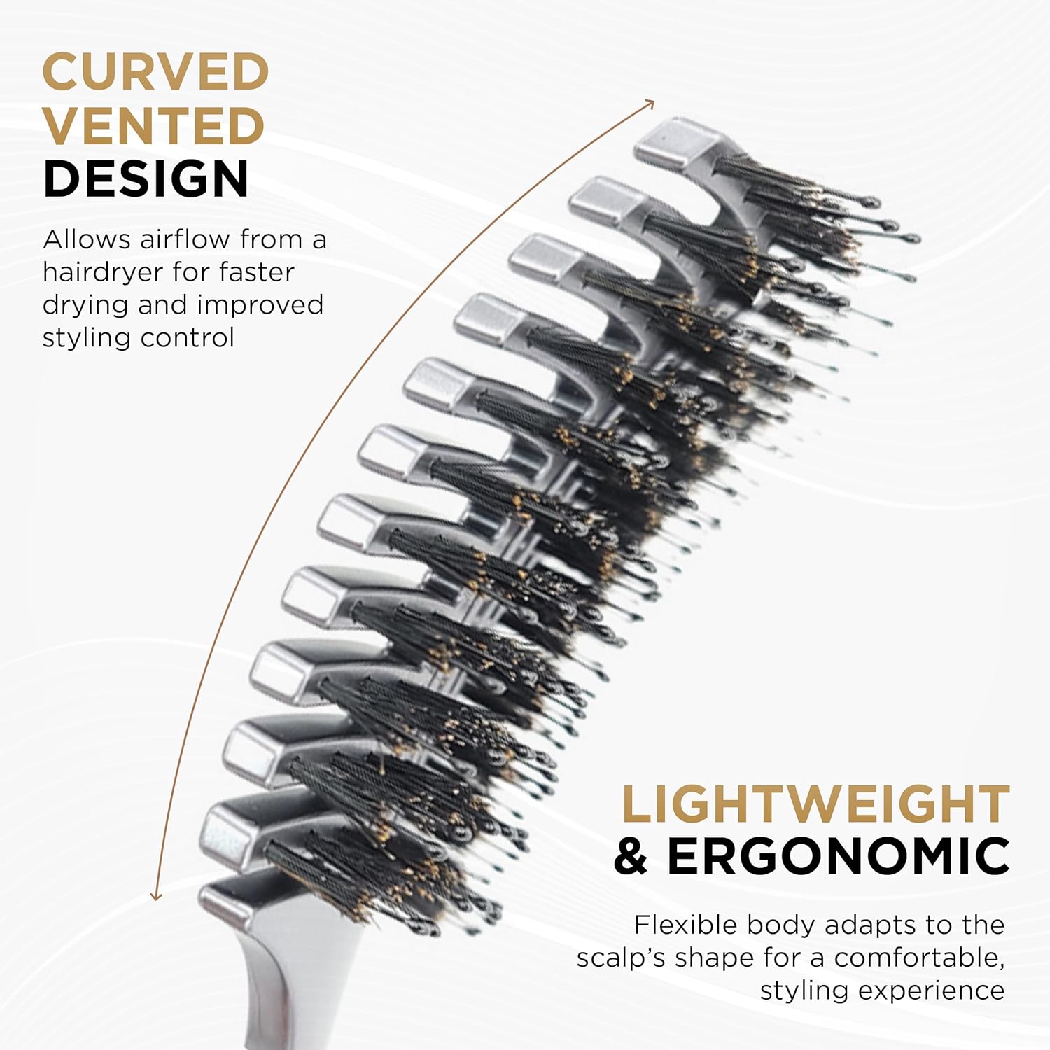 Cocco Vented Boar Brush, Curved Detangling & Styling Tool with Boar & Nylon Bristles, Silver