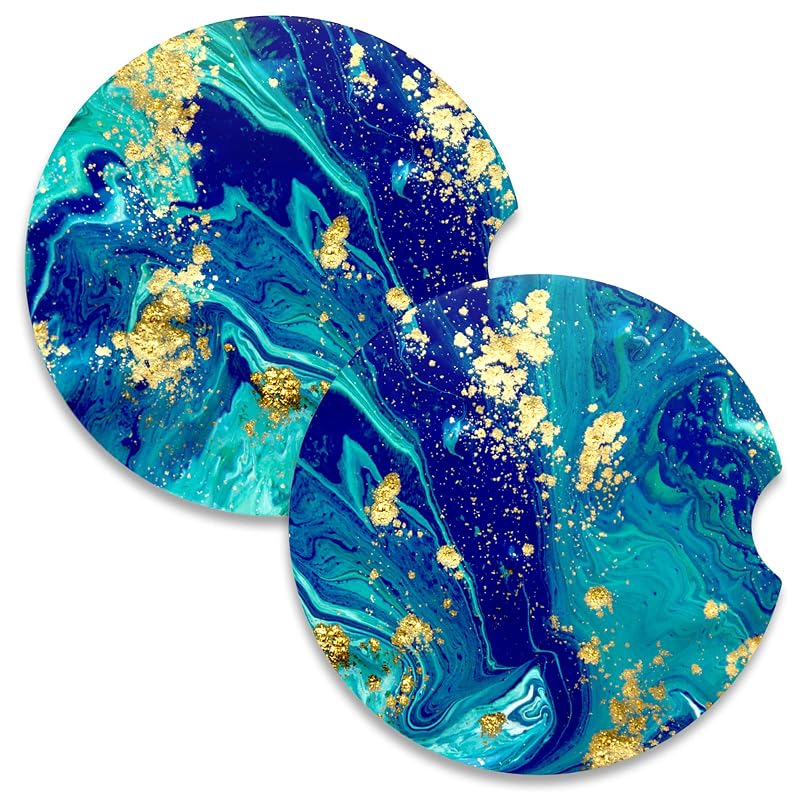 Porta-copos automotivo de cerâmica marmorizada Ocean Teal com base de cortiça Nipichsha, kit com 2 peças