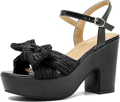 fereshte Womens Bow Platform Sandals, Block Heel, Ankle Strap, Round Open Toe, 4 Inch Heel