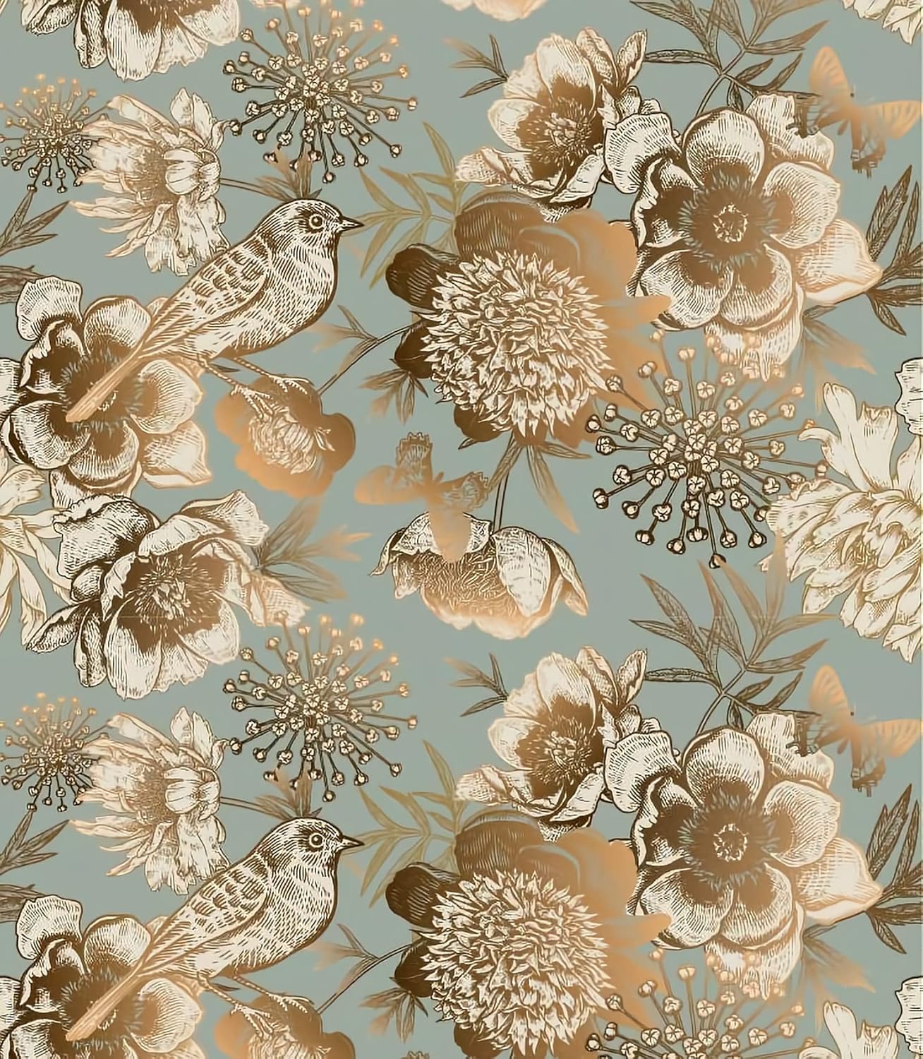 Vintage Birds Peel and Stick Wallpaper Blue Gold Floral Self Adhesive Wallpaper Renter Friendly Removable Contact Paper for Bathroom Bedroom Cabinets Shelves 17.7in x 9.8ft