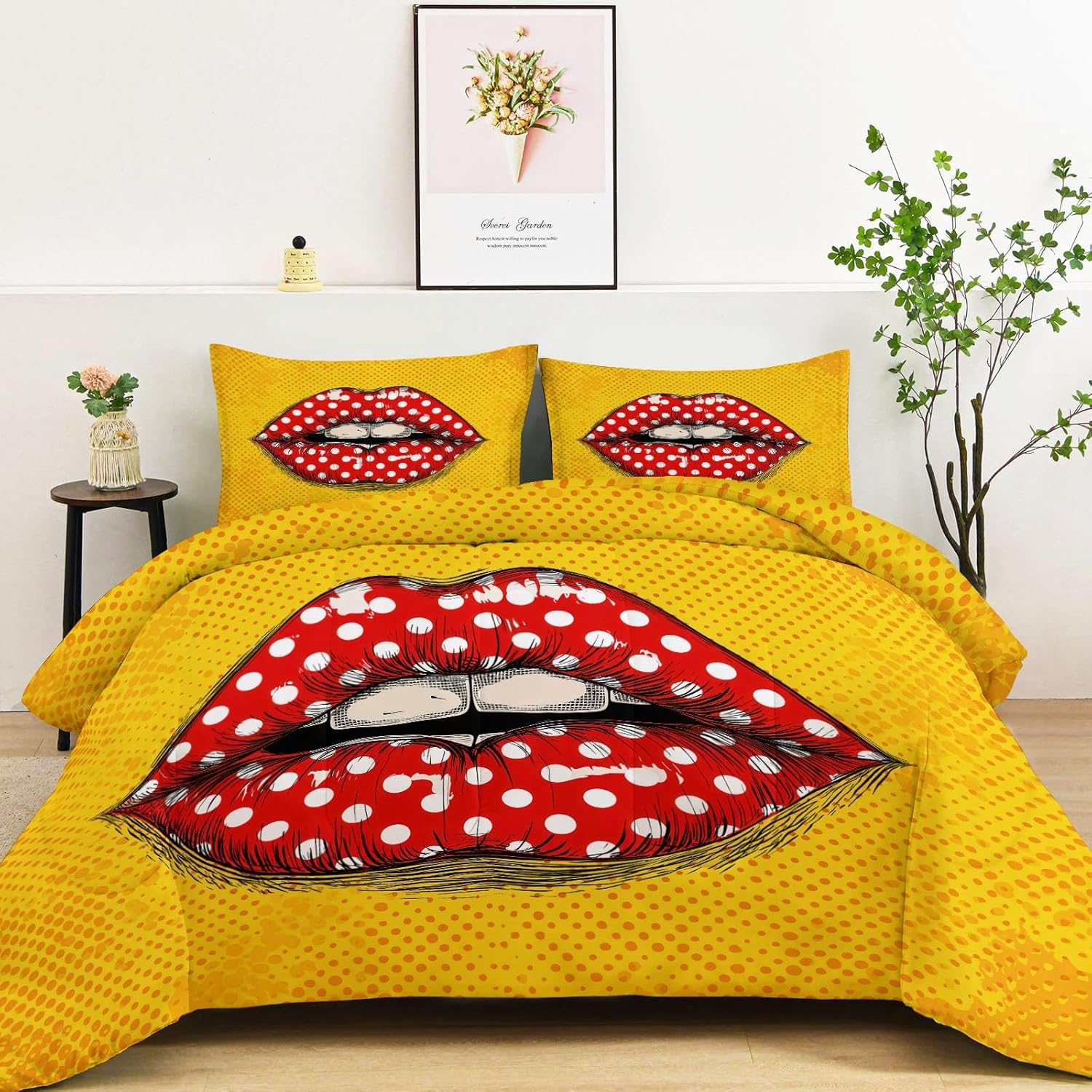 Bedding Set Queen Lightweight Soft 3 Piece Retro Lips Polka Circles Comforter Set with 2 Pillow Covers, Quilt Breathable Red Yellow Comforter (90" x 90") for Girls Boys Kids