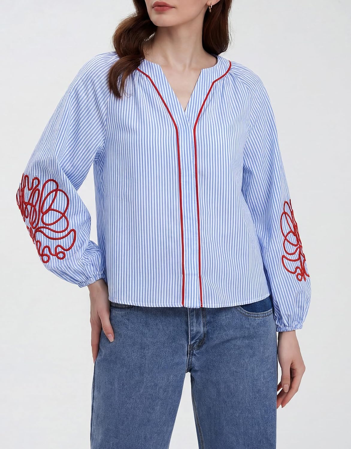 Kedera Women's Casual Floral Embroidered V Neck Blouses Boho Long Balloon Sleeve Mexican Shirts Loose Summer Fall Tops 2025