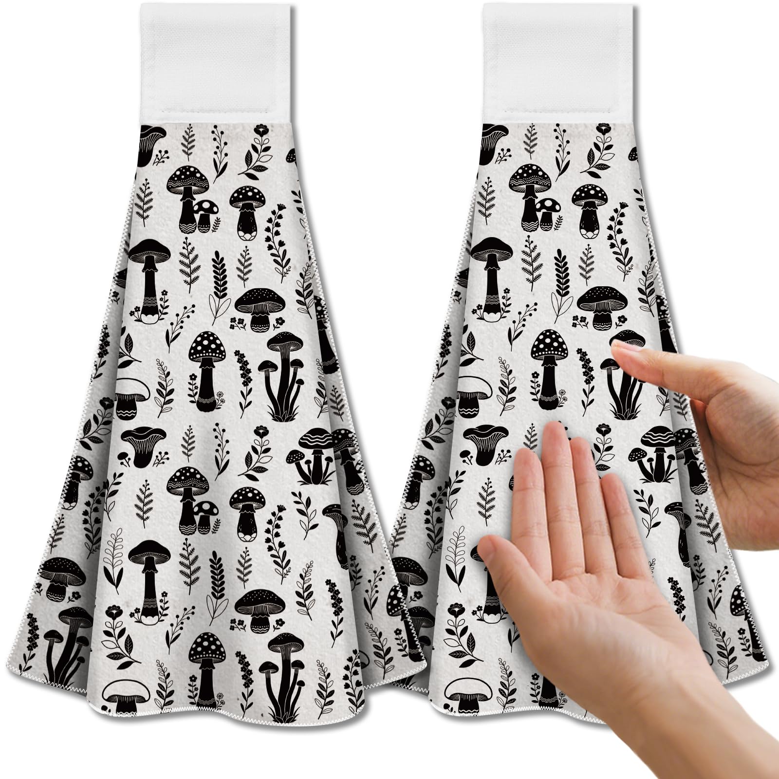 CUTHOLLOW 2 Pcs Black and White Mushroom Hanging Kitchen Towels with Loop