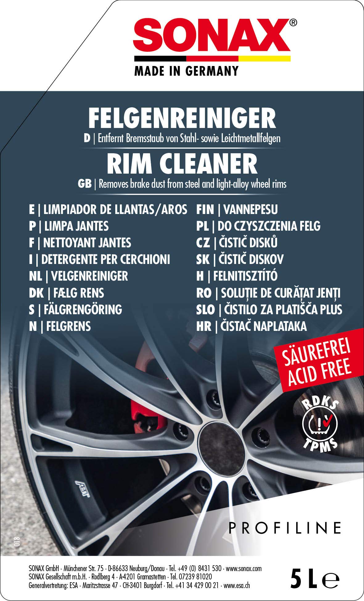 SONAX PROFILINE FelgenReiniger säurefrei (5 Liter) entfernt Bremsstaub von Stahl- sowie Leichtmetallfelgen | Art-Nr. 02305000 | Hochwirksam, entfernt Bremsstaub von Stahl- sowie Leichtmetallfelgen.