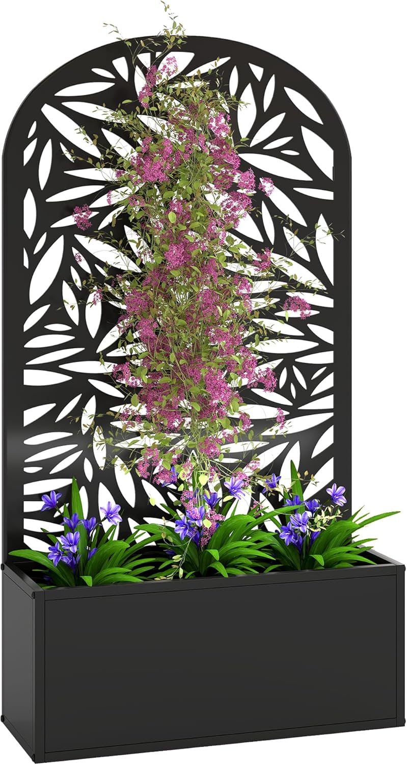 Outsunny Metal Raised Garden Bed with Trellis for Climbing Plants, Freestanding or Wall Mounted Flower Bed with Cueved Privacy Panel, Leaves Cut-Out Outdoor Planter Box for Garden, Patio, Balcony