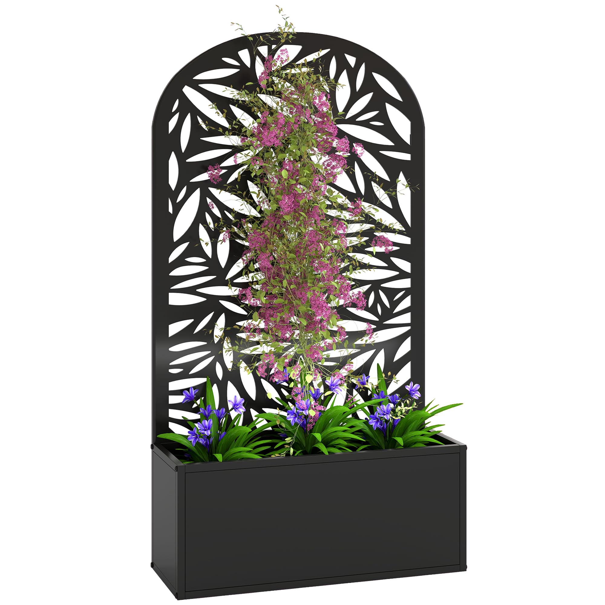 Outsunny Jardinière avec Treillis, Bac à Fleurs Métal, 61x23x113cm Noir | Lit Surélevé avec Brise-vue Découpé en Feuilles, Fixation Mur ou Sol, pour Plantes Grimpantes, Légumes, Fleurs