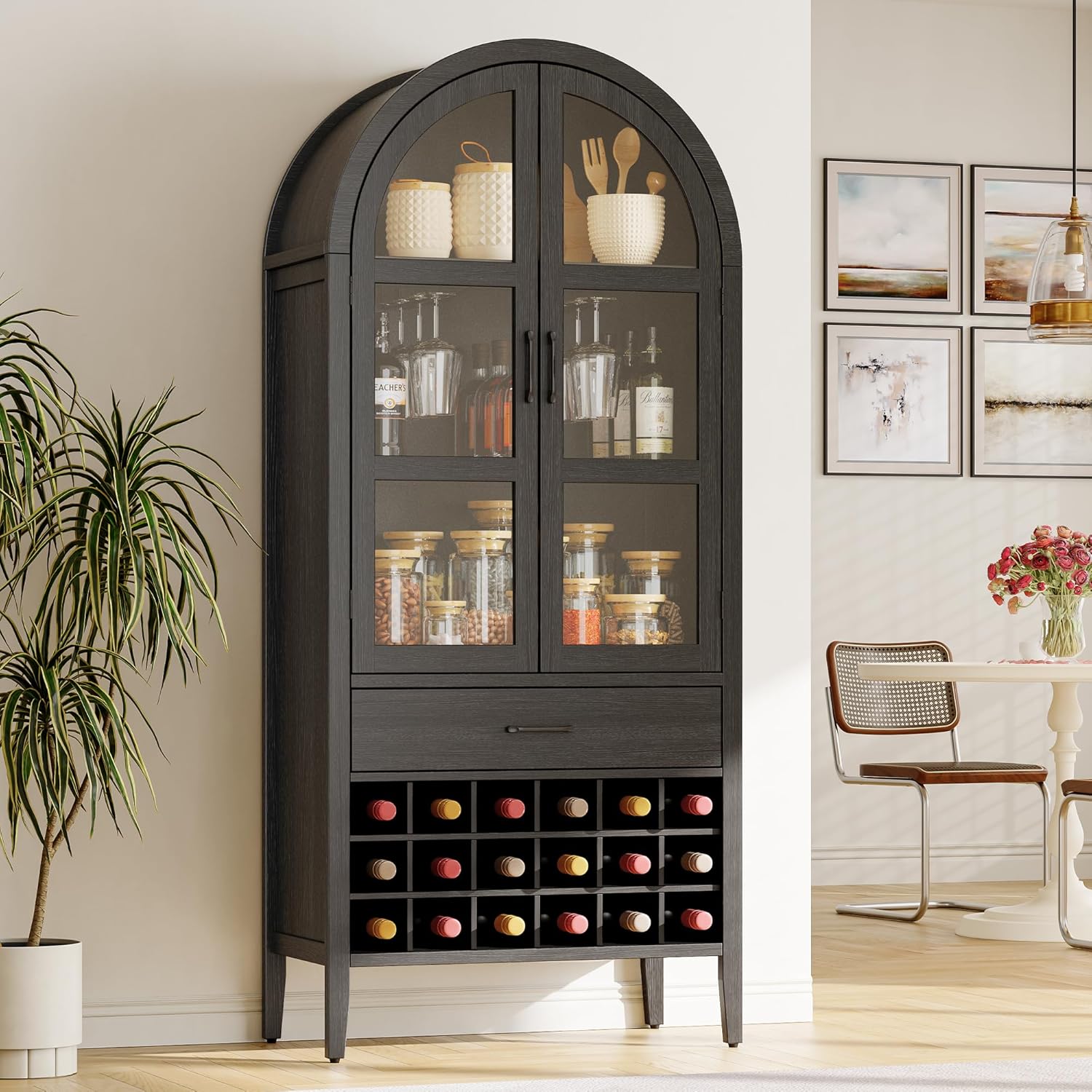 ONBRILL 71" Tall Arched Wine Bar Cabinet with Storage, Bar Cabinets with Doors and Shelves, Liquor Cabinet for Home, Kitchen Pantry for Dining Living Room (Black)
