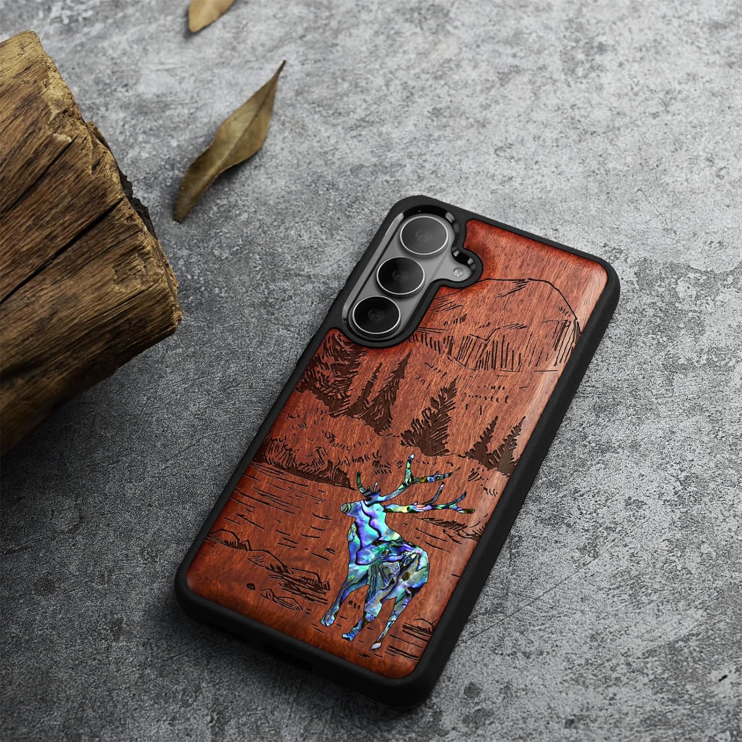 Carveit Magnetic Wooden Case for Samsung Galaxy S26 Case, Wood Artisan Engraved & Handmade Shell Inlaid, Compatible with MagSafe Wireless Chargers (Forest Deer) Rosy