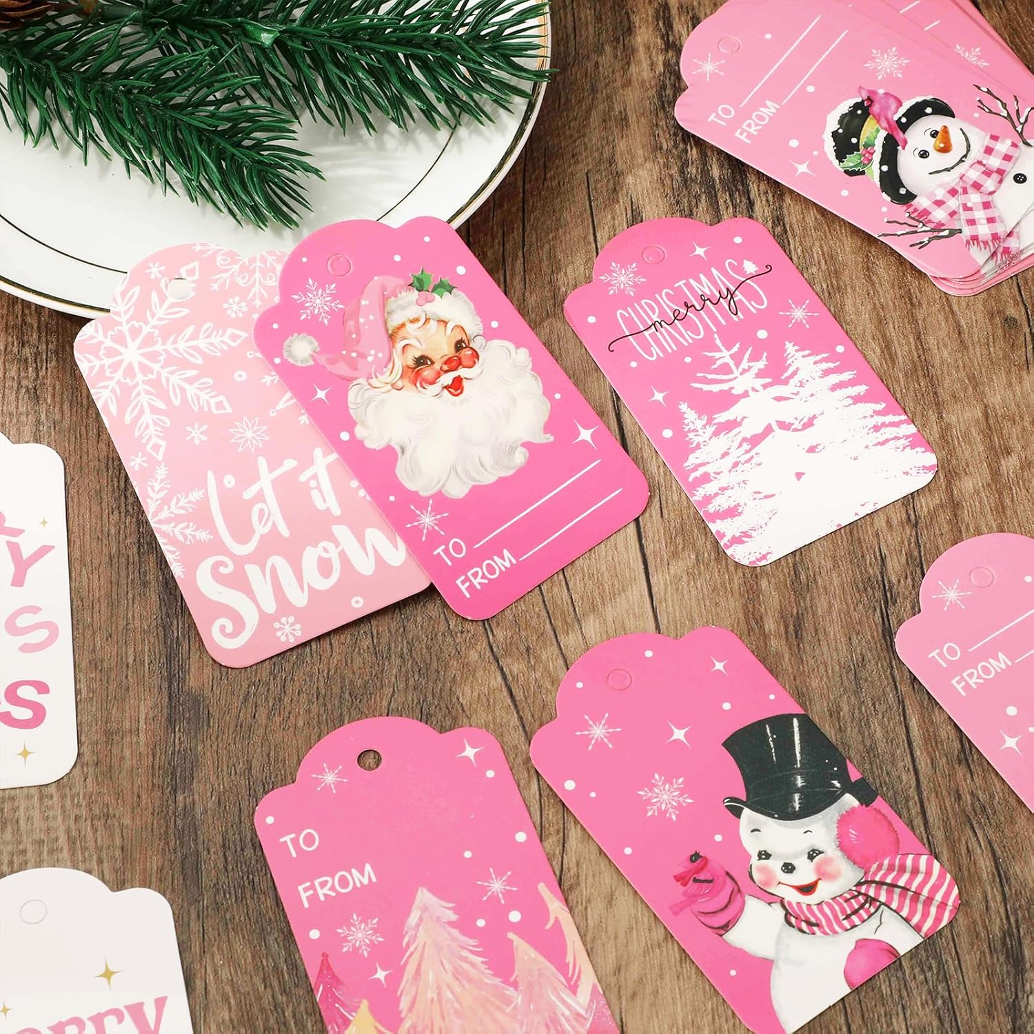 Whaline 120Pcs Christmas Paper Gift Tags Pink Santa Snowman Xmas Hanging Labels with Cotton Rope for Winter Holiday Name Present DIY Crafts, 10 Designs - Image 5