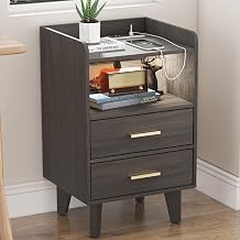 Function Home Nightstand with Charging Station and LED Lights, Mid Century Bed Side Table with 2 Drawers and Storage Shelves, USB Ports and Outlets, Modern End Table for Bedroom Living Room, Walnut