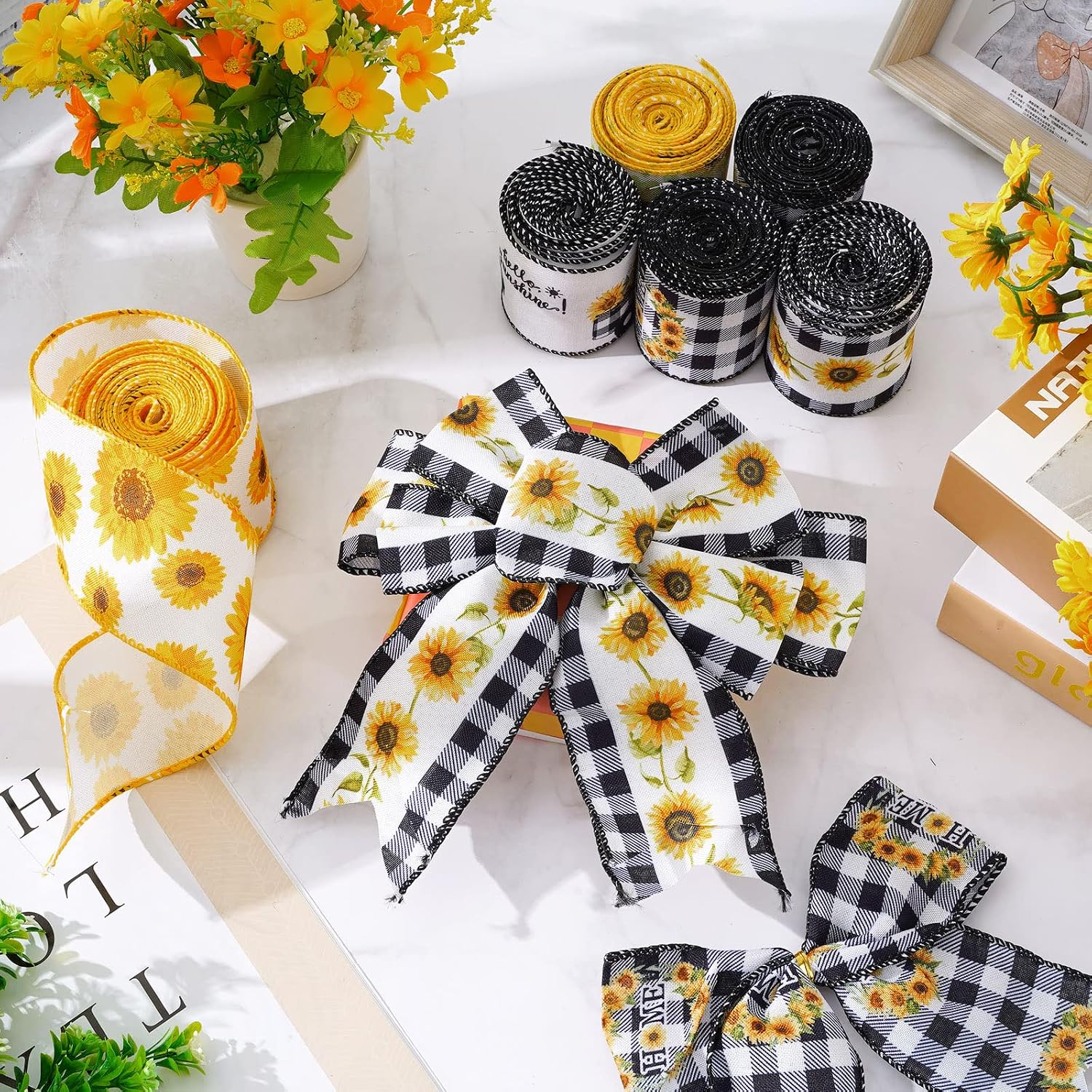 Whaline 36 Yard Sunflower Wired Edge Ribbon 6 Roll 2.5 Inch Buffalo Plaids Flower Fabric Ribbon Spring Summer Floral Decorative Craft Ribbon for Gift Wrapping Decor Hair Bow Sewing Wreath Crafts