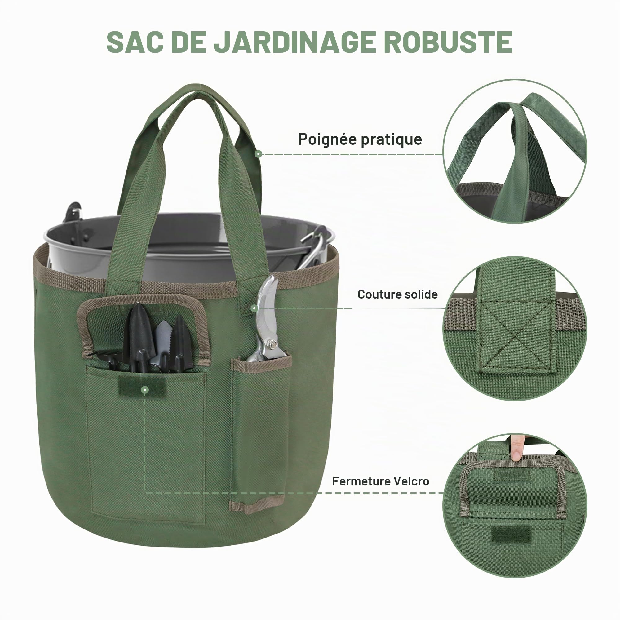 Sac seau à outils de jardin, sac fourre-tout de jardinage vert avec poches, sac fourre-tout pour outils de jardin en tissu Oxford imperméable pour femmes hommes jardiniers (sac uniquement)