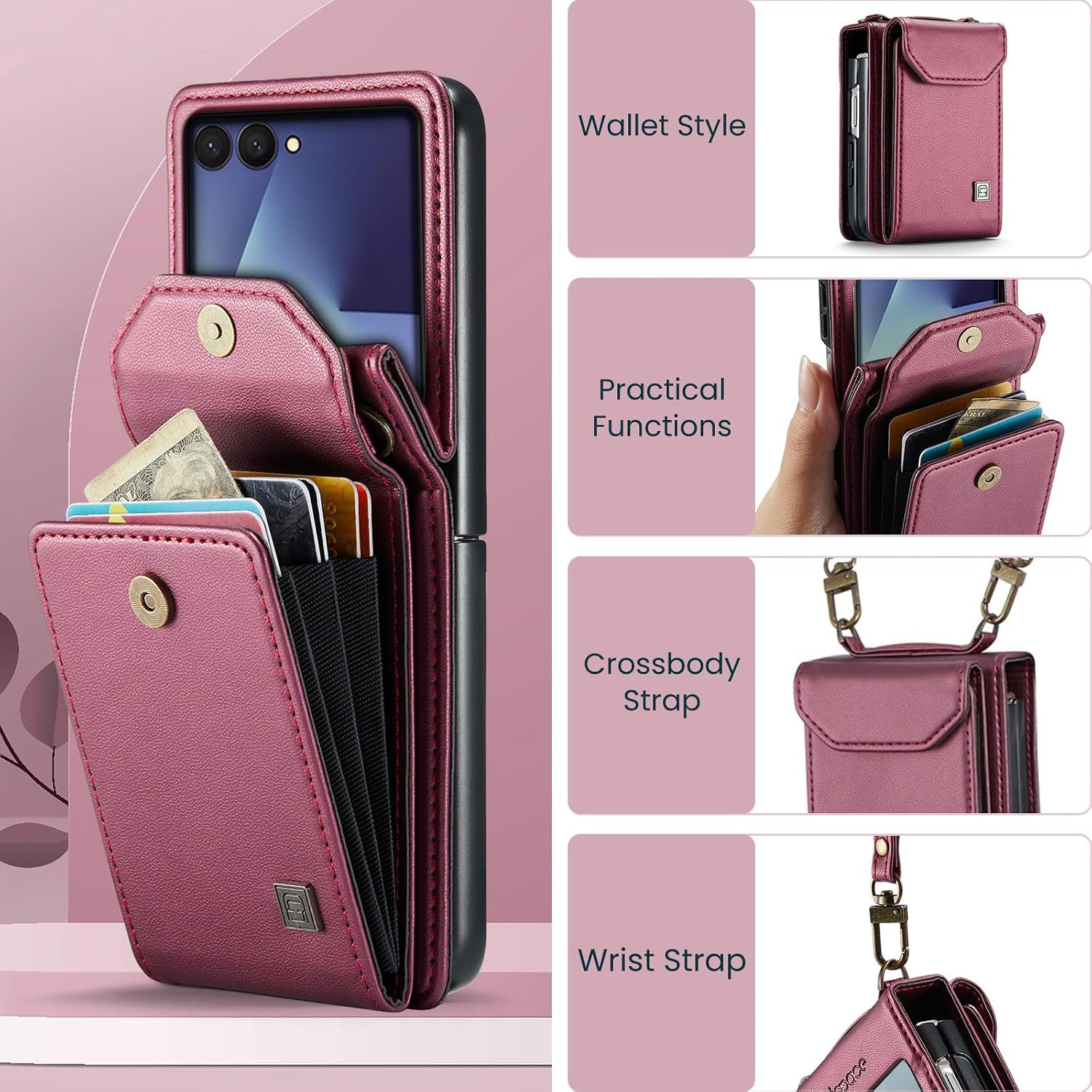 Crossbody Case Compatible with Samsung Galaxy Z Flip 7,Retro PU Leather Strap Wristlet Flip Case with Magnetic Closure and Card Holder for Men Women Rose Red