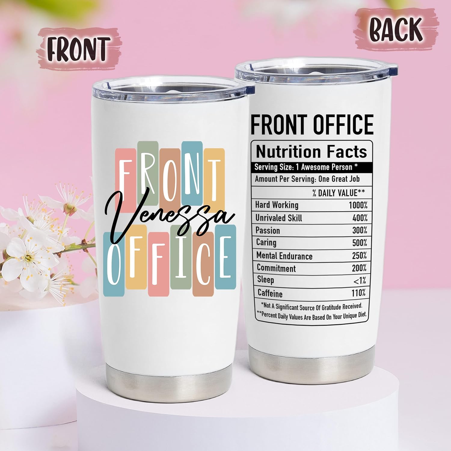 Personalized Front Office Tumbler 20 Oz - FO Gifts For Women Men - Administrative Assistant Nutrition Facts -Front Office Desk Staff Appreciation Gifts