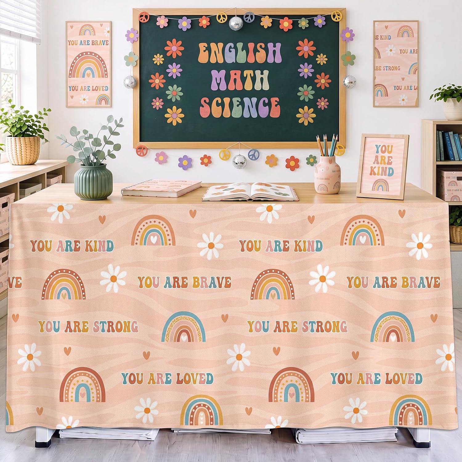 Tiamon 6 FT Retro Boho Teacher Table Skirt Groovy Hippie Classroom Decor