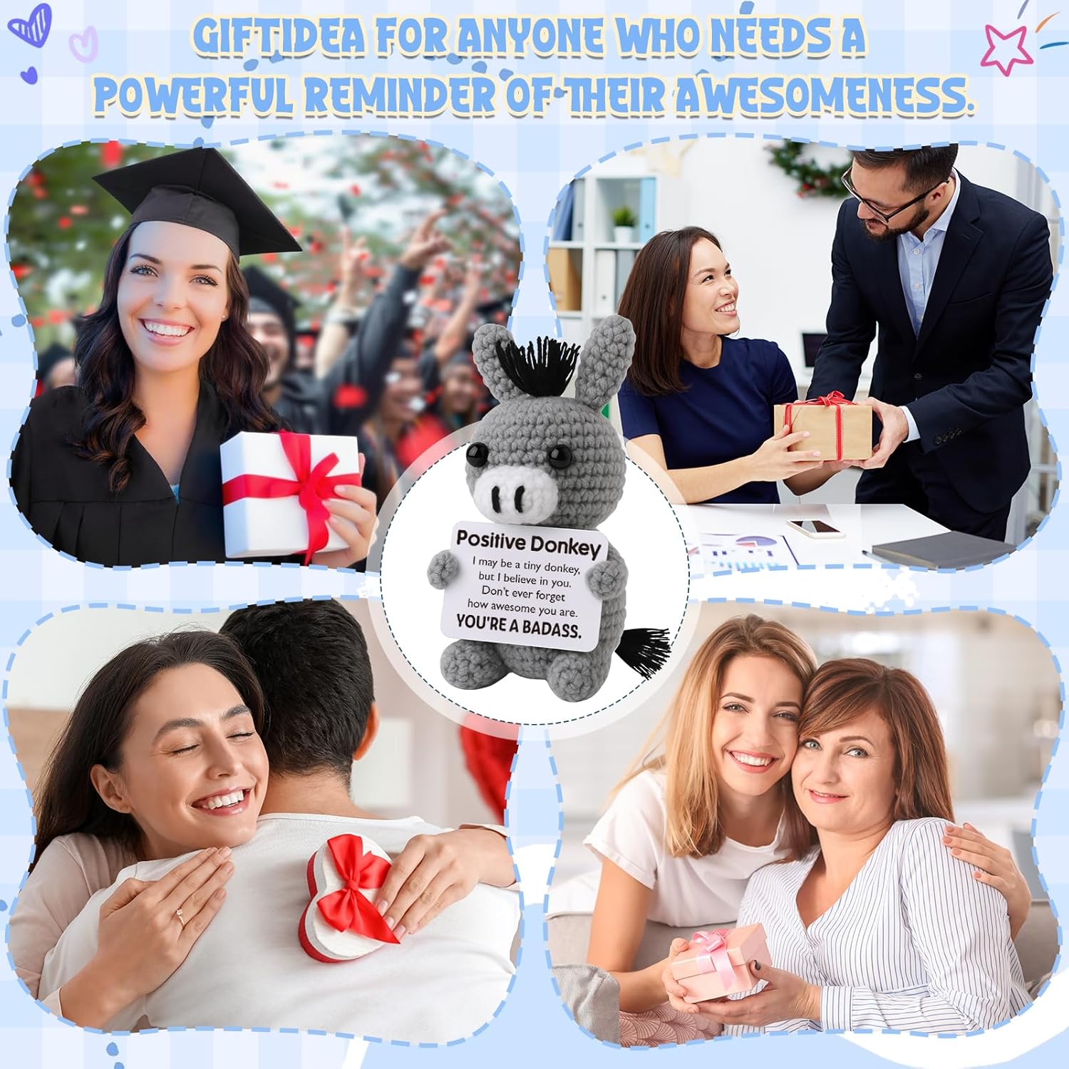 Birthday Gifts for Women Badass, Positive Daily Affirmation Crochet Donkey - Holiday Easter Basket Stuffer - Cute Valentines Emotional Worry Support for Best Friends, Coworkers - Image 6