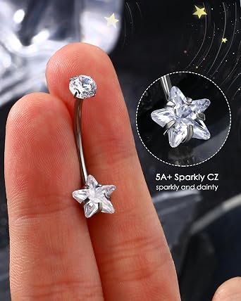 G23 Solid Titanium Star Belly Button Bars 14G Internally Threaded Belly Button Piercing Belly Bananabells for Women Clear CZ Navel Piercing Jewellery