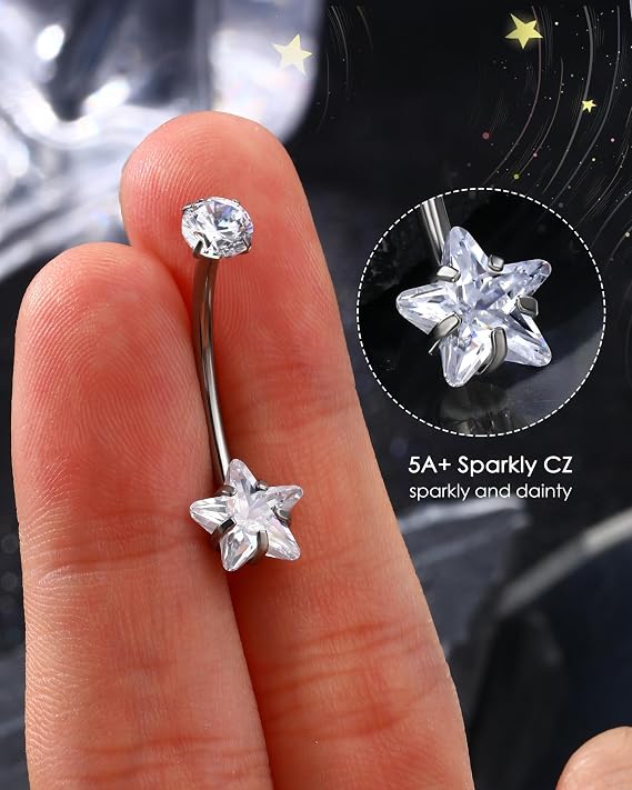 G23 Solid Titanium Star Belly Button Bars 14G Internally Threaded Belly Button Piercing Belly Bananabells for Women Clear CZ Navel Piercing Jewellery