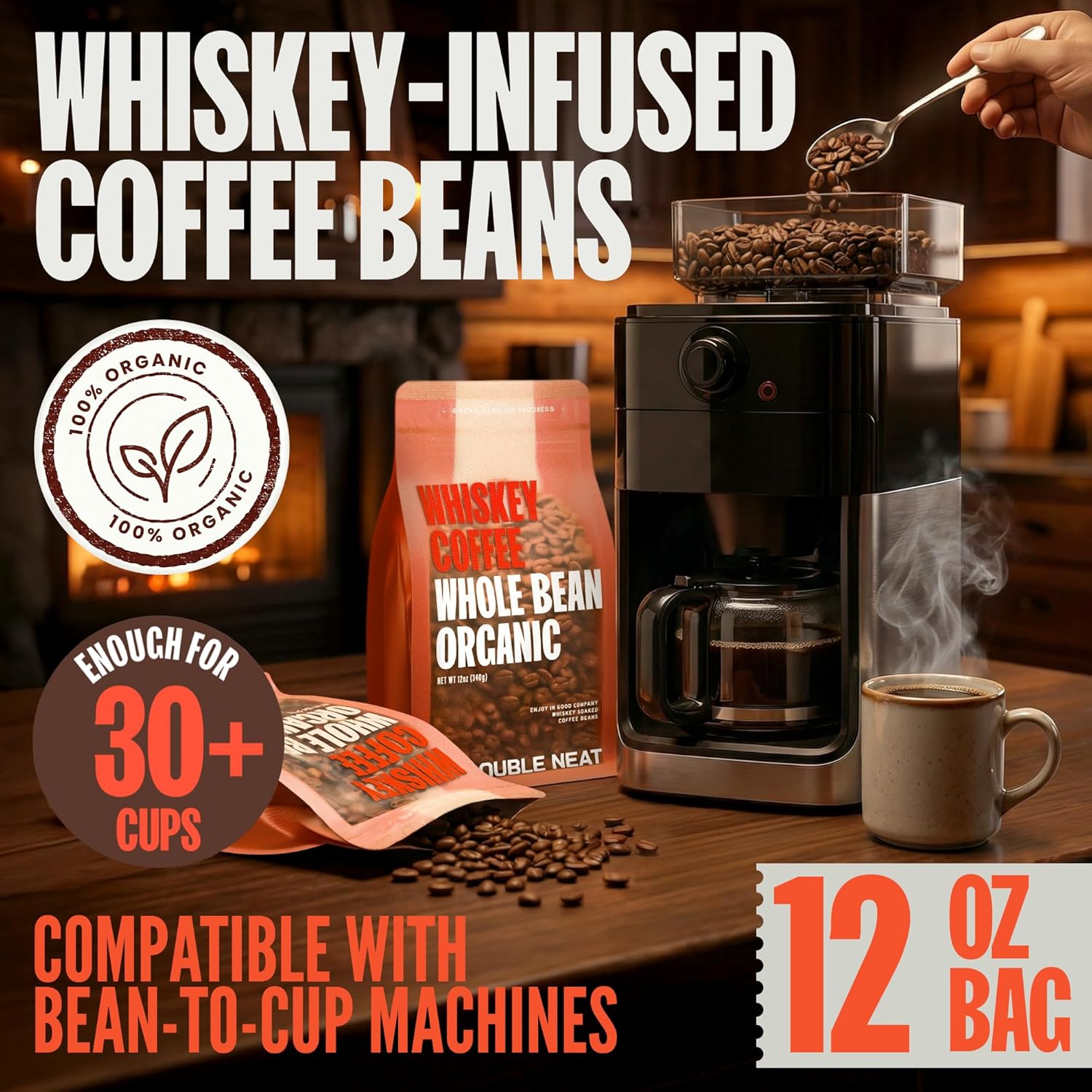 Double Neat Bourbon Flavored Snacks Variety Pack | Stocking Stuffers for Men Snacks | Snack Gift Basket for Men | Bourbon Glazed Beef Jerky, Cinnamon Whiskey Pecans, Maple Bourbon Almonds, Whiskey Coffee Beans | Pack of 4