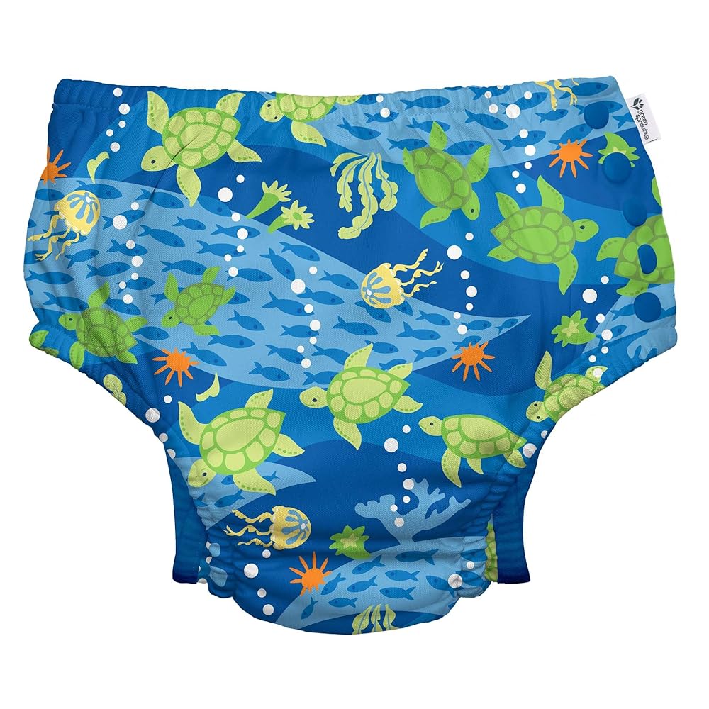 green sprouts Boys\' Snap Reusable Absorbent Swimsuit Diaper, Royal Blue Turtle Journey, 24 M