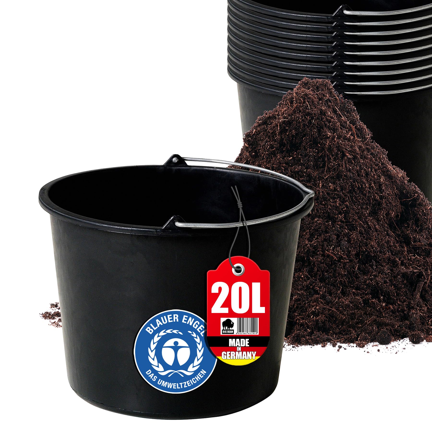 BigDean Lot de 10 seaux de chantier 20 l – Seau à mortier avec anse – Seau à eau stable avec graduation, motif ange bleu – Fabriqué en Allemagne