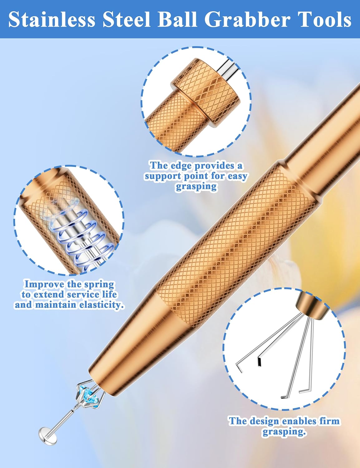 2PCS Upgraded Piercing Ball Grabber Set, Gold Stainless Steel Anti-Slip Jewelry Changing Tool, Ergonomic 4-Claw Taper Grabbers in Short & Long for Ear Nose Lip Septum Belly Piercings