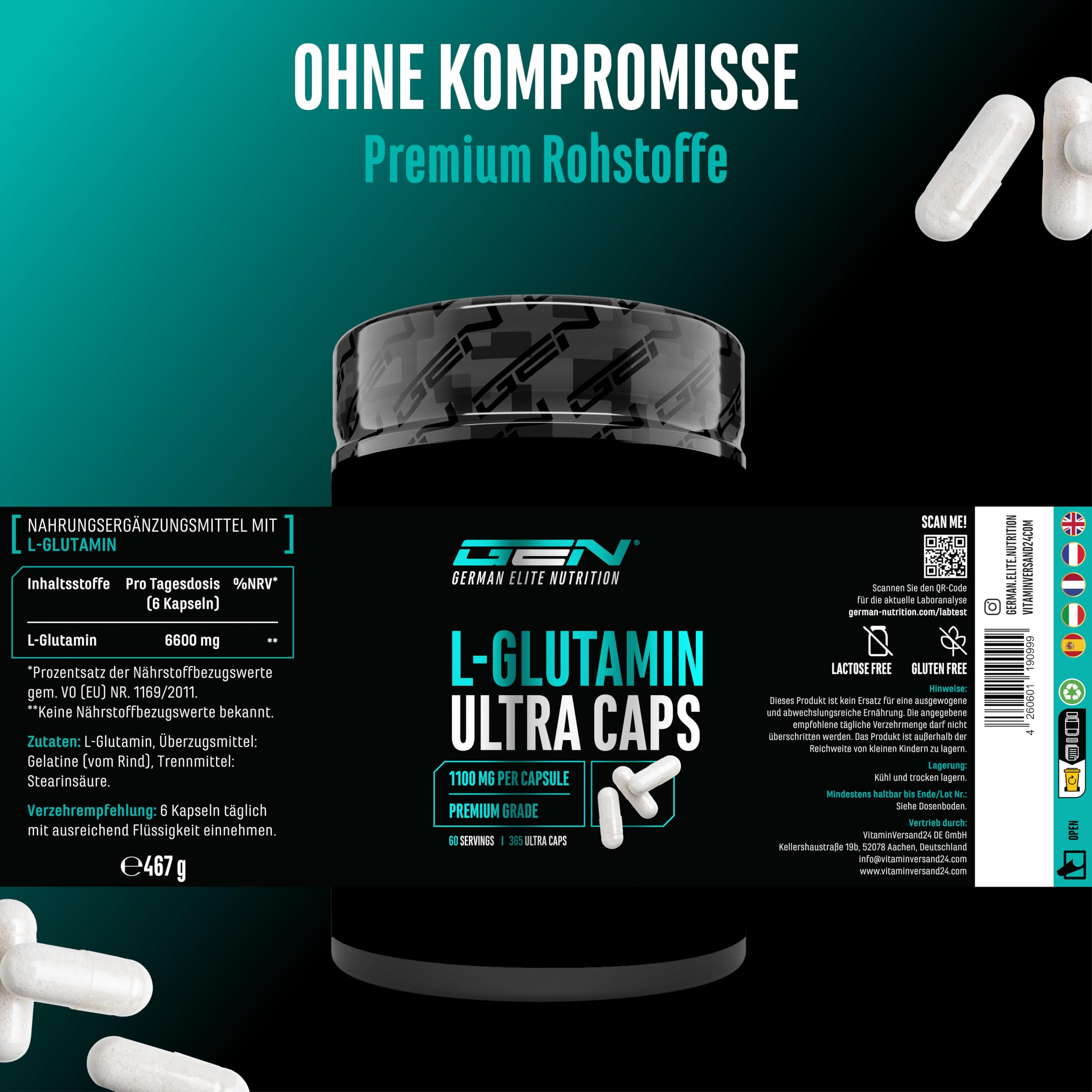 GEN GERMAN ELITE NUTRITION L-Glutamin Ultra Caps - 365 Kapseln - 1100 mg | 6600 mg Tagesportion, ultrafeines L-Glutamin, hochdosiert