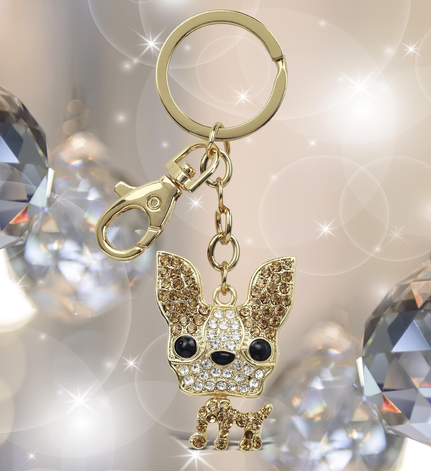 Chihuahua Dog Keychain - Gold 3D Sparkling Charm Rhinestones Fashionable Stylish Metal Alloy Durable Key Ring Bling Crystal Jewelry Accessory with Clasp - Image 4