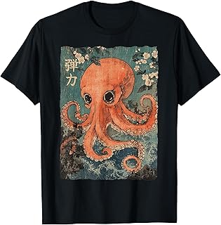 Octopus and Cherry Blossom Tree Japanese Woodblock Art T-Shirt