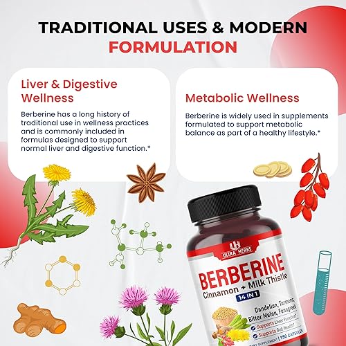 Miniatura 7 de Ultra Herbs Berberina prémium con canela, cardo mariano - Promueve la función hepática, la salud intestinal y la inmunidad (150 unidades (paquete de
