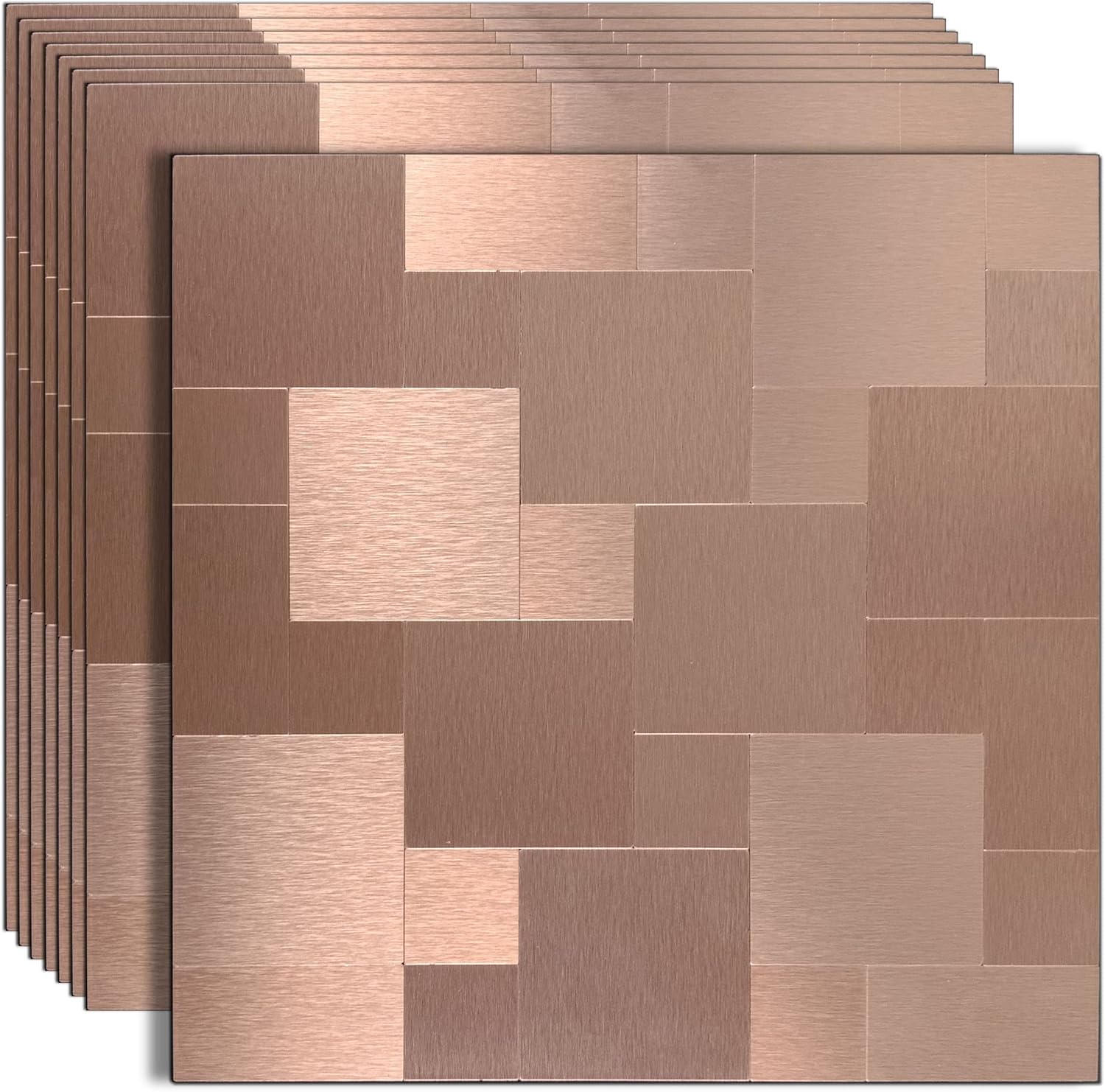 YMMXGE 8-Sheet Peel and Stick Backsplash Stone Tiles, Brushed Aluminum Surface Metal Mosaic Sticker for Kitchen Wall (11.81"x11.81"Per Sheet) (8, Brushed Bronze)
