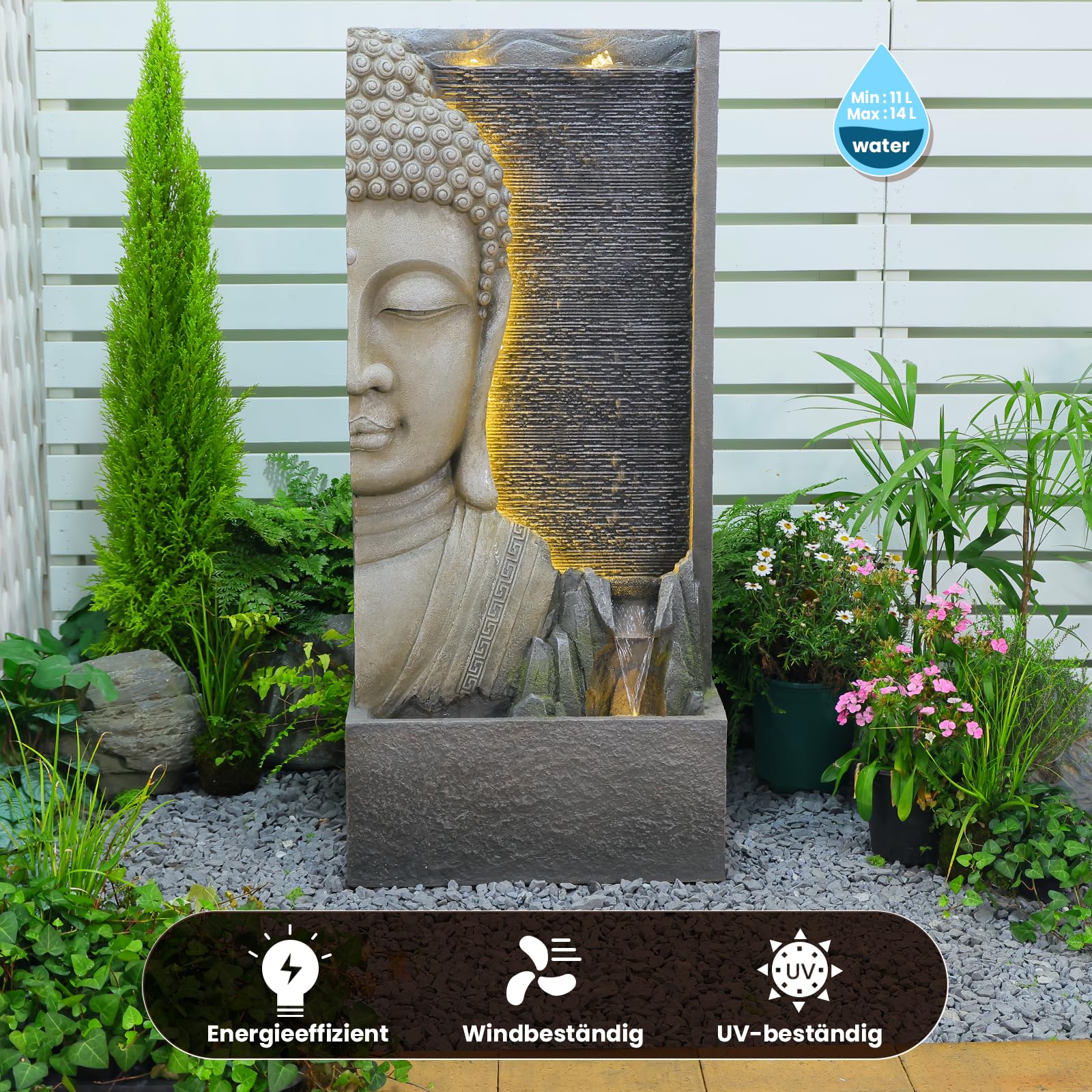 Sunlinua 117cmH Zen-Buddha Gartenbrunnen mit LED, Wasserfall mit Doppel-Bubblern und Bachlauf, Harz-Statue für Terrasse, Garten, Veranda, Meditations-Dekor, Grau