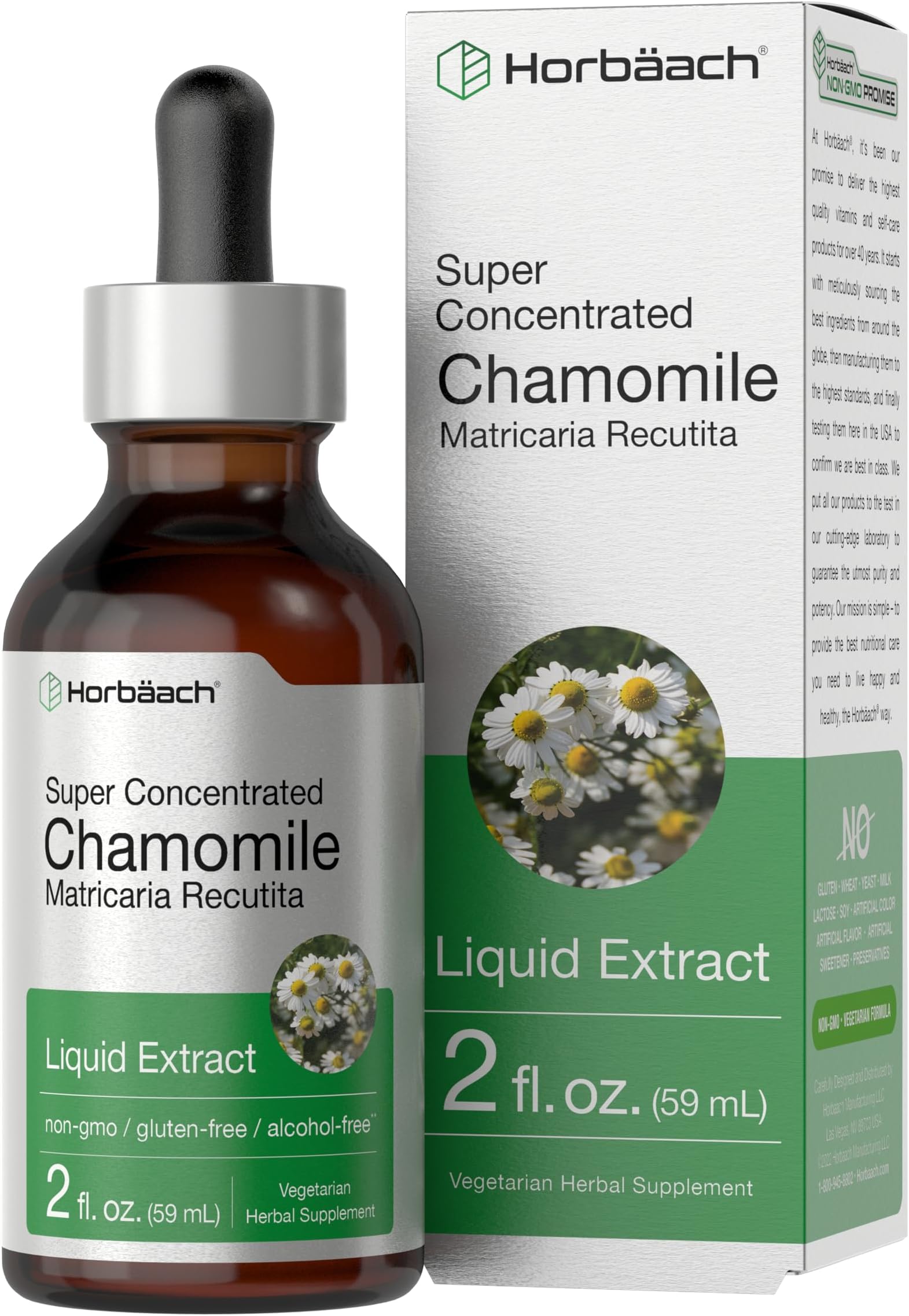 Horbäach Chamomile Extract Liquid | 2 fl oz Tincture | Alcohol Free | Super Concentrated Herb Supplement | Vegetarian Drops | Non-GMO, Gluten Free