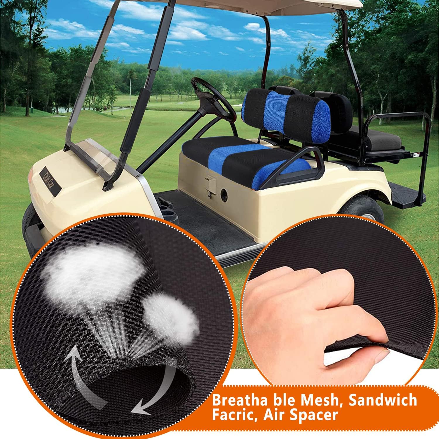 Golf Cart Front Seat Cover Kit, Fit for Club Car DS OEM Ordinary Seat Cushion, No Need to Use Gun Nails, Golf Cart Washable Seat Cover, Cool in Summer and Warm in Winter