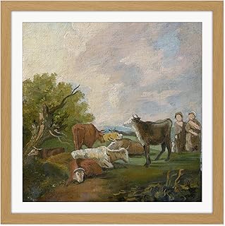 Artery8 After Gainsborough Figures Cattle in Landscape Painting Square Wooden Framed Wall Art Print Picture 16X16 Inch
