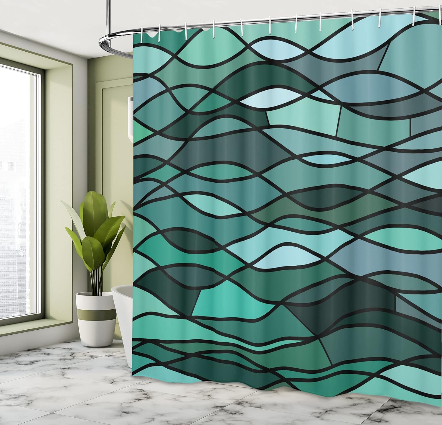 Ambesonne Teal Shower Curtain, Abstract Mosaic Waves Ocean Inspired Expressionist Pattern Marine Design Image, Cloth Fabric Bathroom Decor Set with Hooks, 69" W x 75" L, Dark Green Aqua