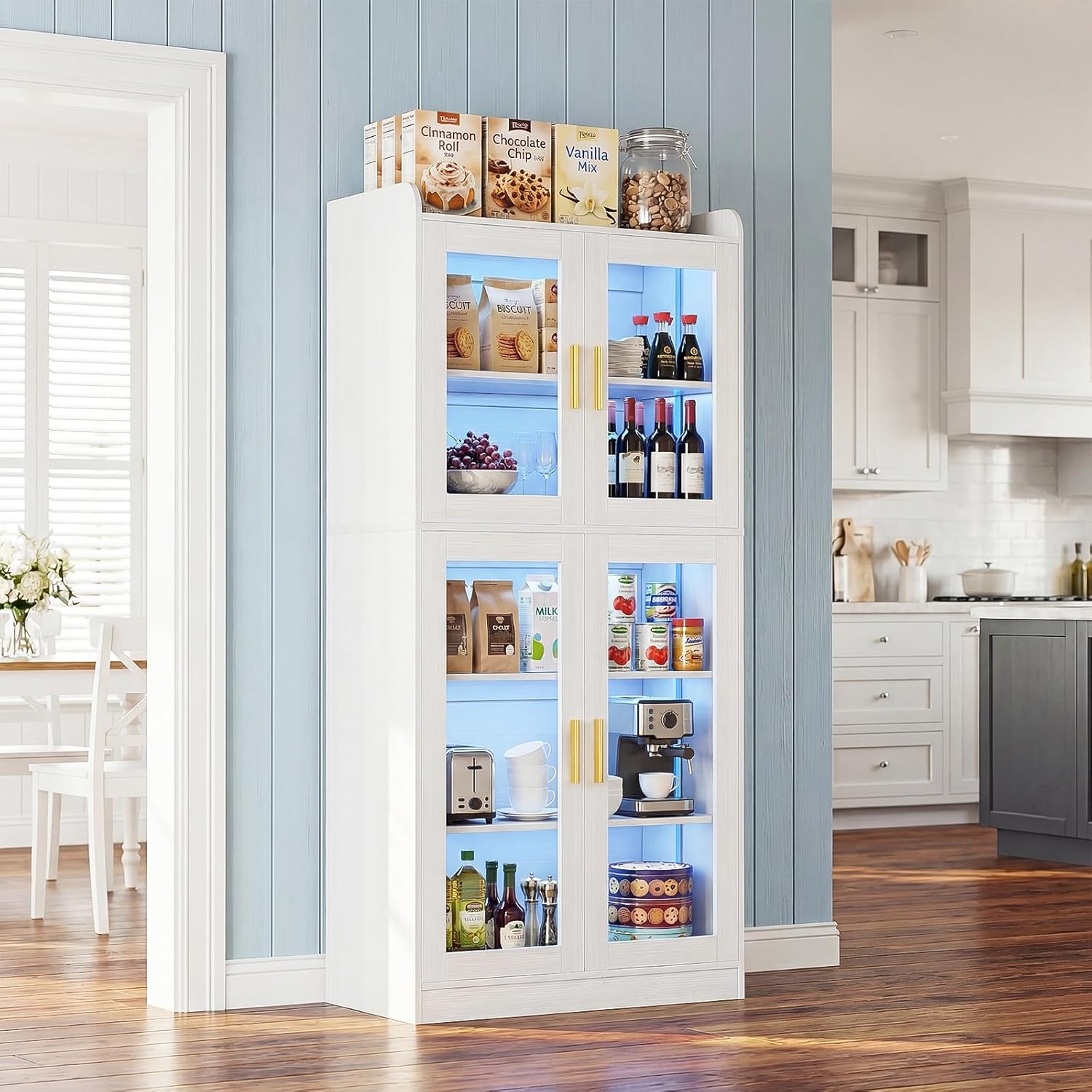 Unikito Kitchen Pantry Cabinet with Led Light, 67” Tall Storage Cabinet with Tempered Glass Doors and Adjustable Shelves, Freestanding Display Bookcase for Living Room, Dining Room，White