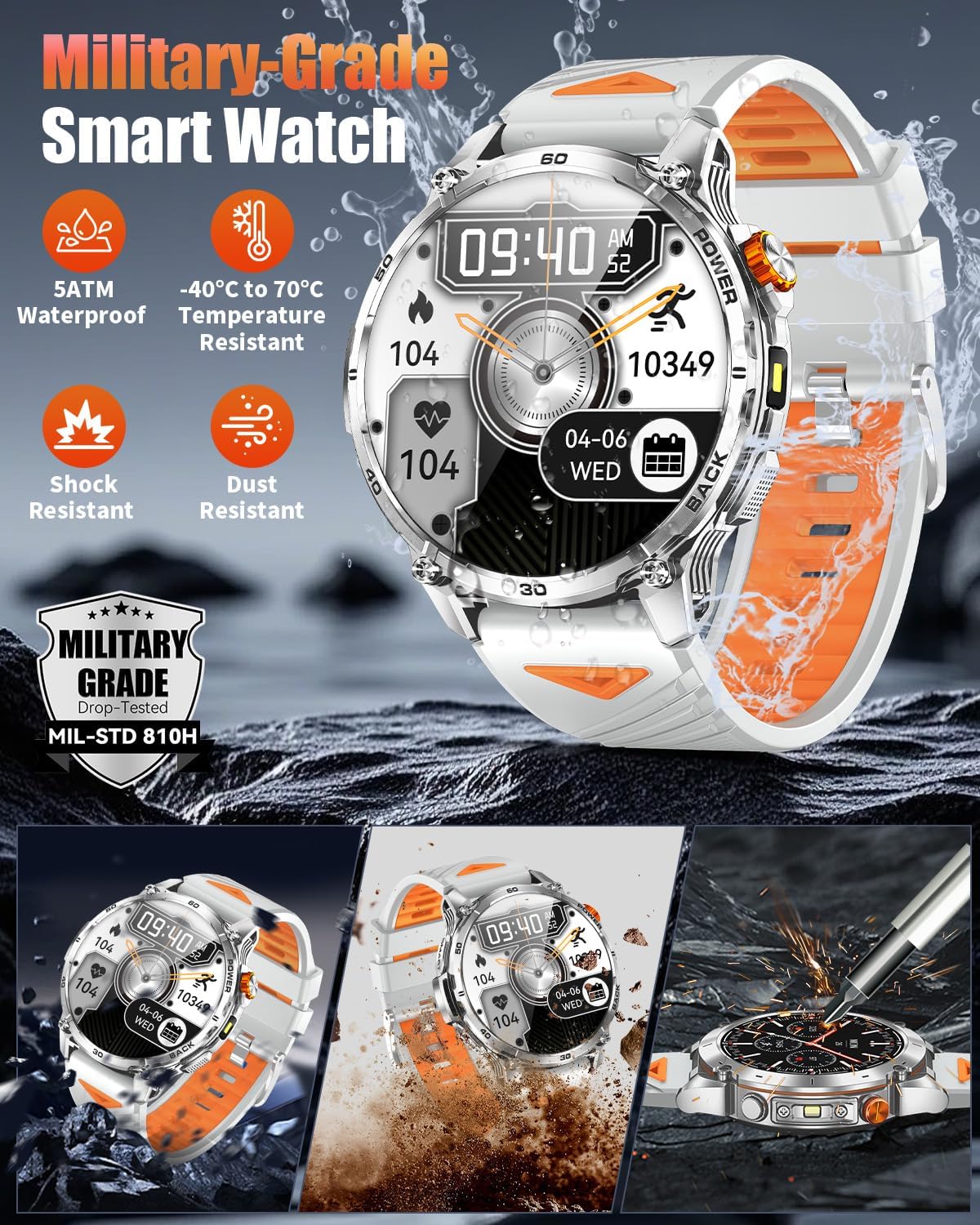 Military Smart Watch for Men, 1.7" HD Touchscreen, Bluetooth Call, 1200mAh Battery, Heart Rate/SpO2/BP, 110+ Sports Modes, 5ATM Waterproof for Android & iPhone