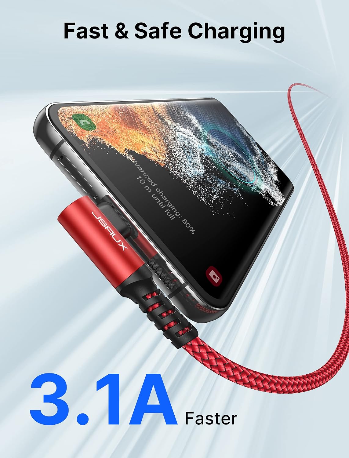 JSAUX USB C Cable [2-Pack 10ft], 3.1A Type C Charger Fast Charging Cable Right Angle Braided C Port Charging Cable Type C Charger Cord Compatible with Samsung Galaxy S10 S9 S8, Note 10 9 8,A51,LG-Red