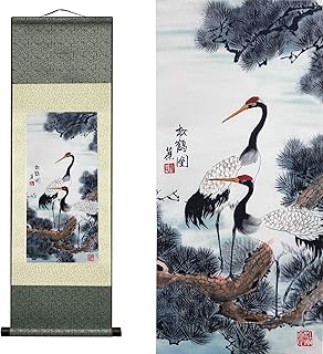 AtfArt Asian Wall Silk Scrolls Decor Beautiful Painting White Crane - Red Crowned Crane - Grus Japonensis Oriental Decor Chinese Art Wall Scroll Wall Hanging Painting Scroll (39 x 12 in)