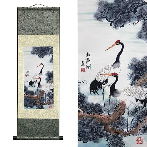 AtfArt Asian Wall Silk Scrolls Decor Beautiful Painting White Crane
