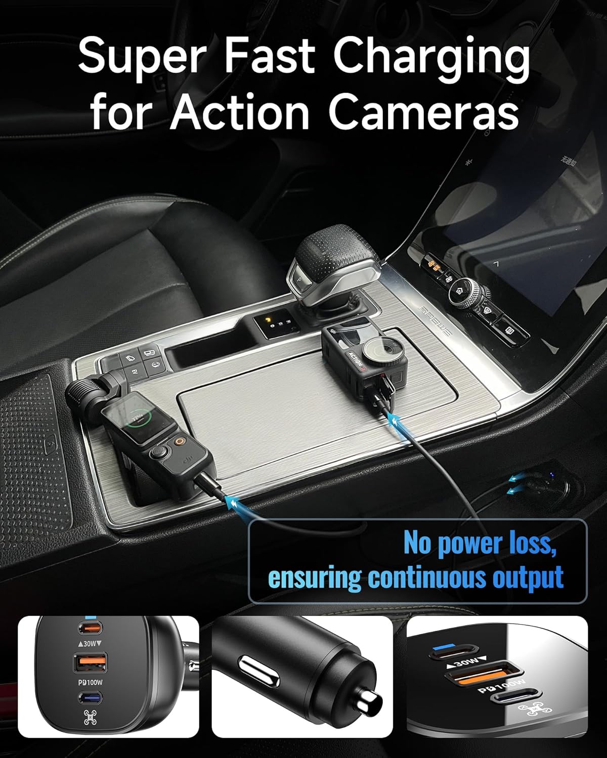 LKTOP 130W Car Charger undergoing temperature control and anti-slip buckle tests, highlighting its safety features like over-temperature, over-voltage, and short-circuit protection.