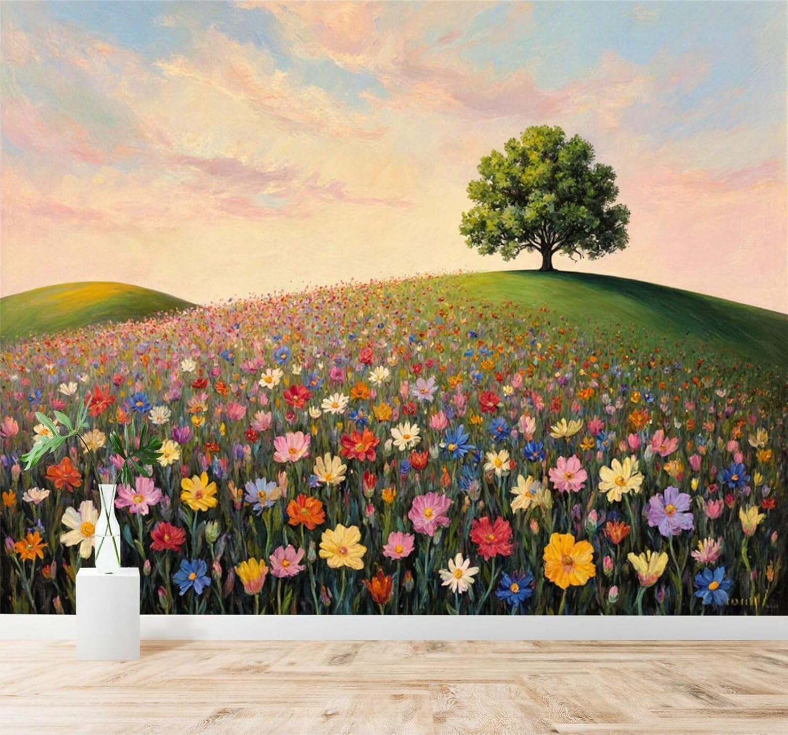 XLMING Wildflowers in Bloom Grassland Trees Sunset Sky 3D Wallpaper Silky Texture Home Study Office Grey Dining Room Sofa Bedroom Living Room TV Backdrop-350cm×256cm
