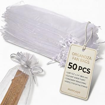 Homoyoyo 50pcs Sheer Organza Fan Bags Organza Hand Fan Bags 2x10In Sheer Drawstring Pouches for Wedding Favors for Party Folding Hand Bridal Shower Party Supplies for Jewelry Candy Wrapping Storage
