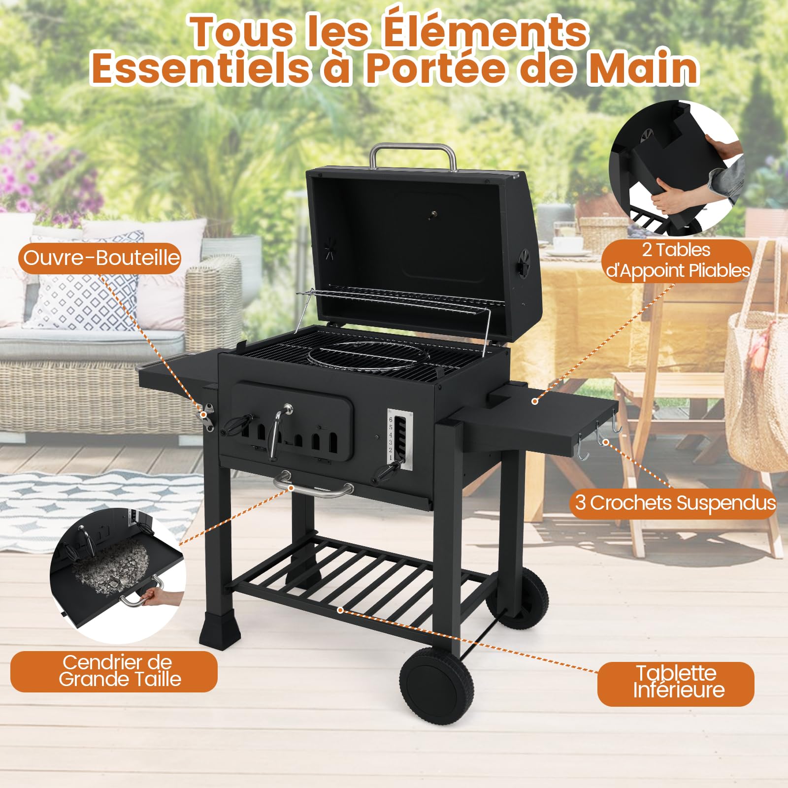 KOMFOTTEU Barbecue Portable à Charbon De Bois Avec Roues, Gril à Charbon De Bois, 57cm Et
