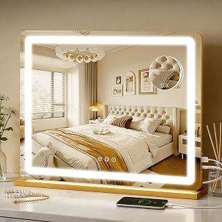 ROLOVE 23"x18" Gold Vanity Mirror with Lights, Large Lighted Makeup Mirror with 10X Magnifier, 3 Color Lighting & Stepless Dimming, Wall Mounted or Tabletop Desk Mirror for Bedroom